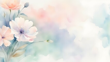 Watercolor floral background in soft pastel colors with white and pink flowers.