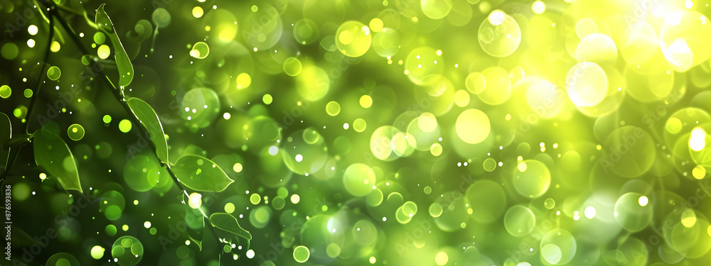 Poster bright green bokeh background with abstract light and foliage, creating a natural and refreshing atm