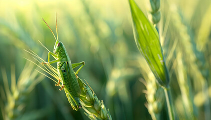 Close-up of a grasshopper perched on a green plant in a sunny field, showcasing its natural habitat and vibrant green coloration.