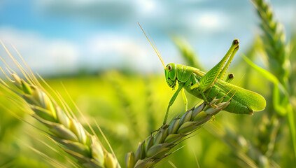 Close-up of a grasshopper perched on a wheat stalk in a sunny, vibrant green field, illustrating the beauty of nature and agriculture.