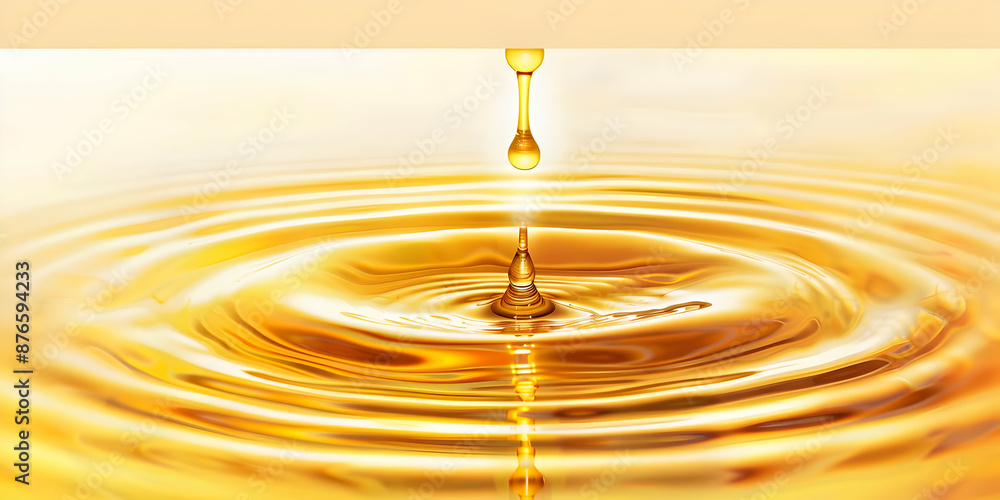 Poster close-up of golden oil drop falling into a ripple on the surface, creating stunning patterns. abstra