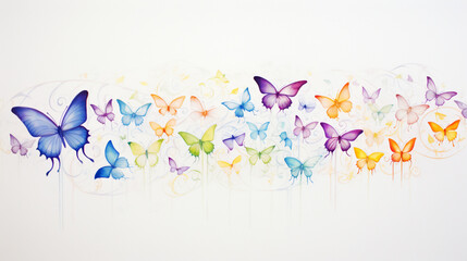 A colorful butterfly painting with many different colored butterflies. Watercolor painting style.