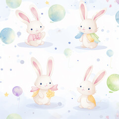 The rabbits are wearing different colored bows and are smiling. Watercolor painting style.