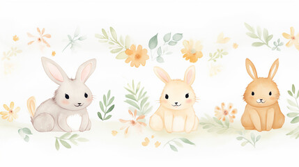 Three rabbits are sitting in a field of flowers. Watercolor painting style.