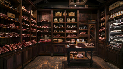 Obraz premium Cozy vintage shop with wood shelves filled with a variety of cured meats, cheeses, and bread. Rustic charm with warm lighting and rich decor.