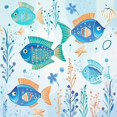 Fototapeta premium A group of fish swimming in a blue ocean with a flowery background. Watercolor painting style.
