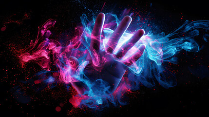 Obraz premium An open hand sticks out into the picture and color smoke fly out of it, dark background