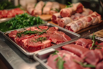 Freshly cut raw meats displayed on trays, garnished with herbs, ready for cooking in a professional kitchen or restaurant setting.