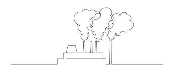 One continuous line drawing of factory Industrial plant. Abstract cooling towers of power station symbol in simple linear style. Editable stroke. Doodle monoline vector illustration