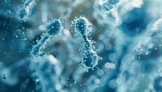 Microscopic close-up of blue bacteria cells showcasing detailed structure and texture. Perfect for science and medical themes.