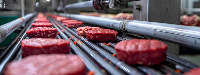 Raw burger patties on a conveyor belt in a meat processing factory, showcasing the mass production of fresh beef patties for food industry.