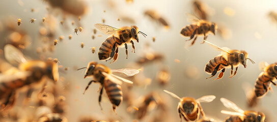 Swarm of bees in flight, captured in close-up, showcasing their movement and natural behavior in stunning detail.