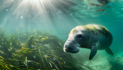 Underwater shot of a manatee swimming peacefully near seagrass under bright sunlight, showcasing serene marine life in clear waters.
