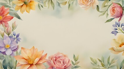 Watercolor floral frame with soft pastel color flowers and leaves