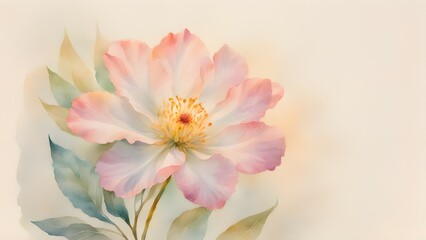 Obraz premium Watercolor painting of a delicate pink peony flower in full bloom with soft green leaves on a beige background.