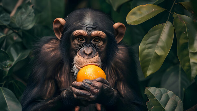 Young chimpanzee holding an orange in lush green environment, displaying curious and innocent expression.