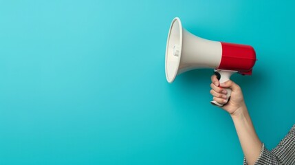 Hand women holding megaphone, marketing and sales, green background, Generative Ai.