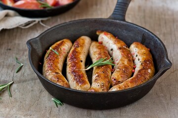 fried sausages on a frying pan