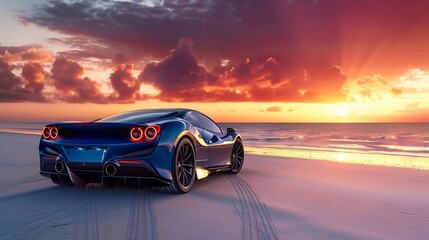 Modern exotic electric sport car on the empty sunset beach. Nature beauty meets modern technologies. Generative ai