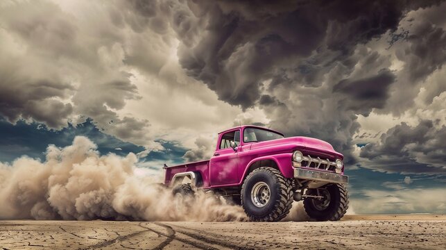 Pink monster truck riding fast on the desert road with dramatic stormy sky mixing a power of nature and the wild car speed. Generative ai