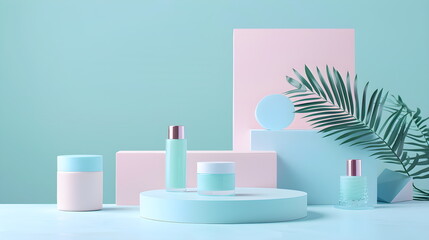 Cosmetic tube, empty bottle packaging mockup, cream, skin care, cosmetic product. With a round podium and palm leaves on a light blue background