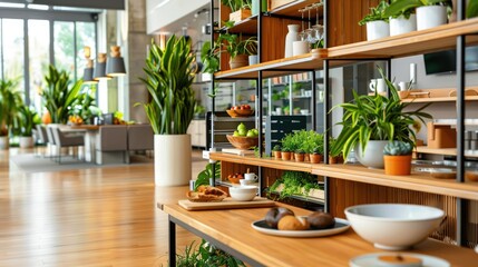 Modern interior with wooden shelves, green plants, and sunlight creating a cozy, vibrant atmosphere in a contemporary living space.