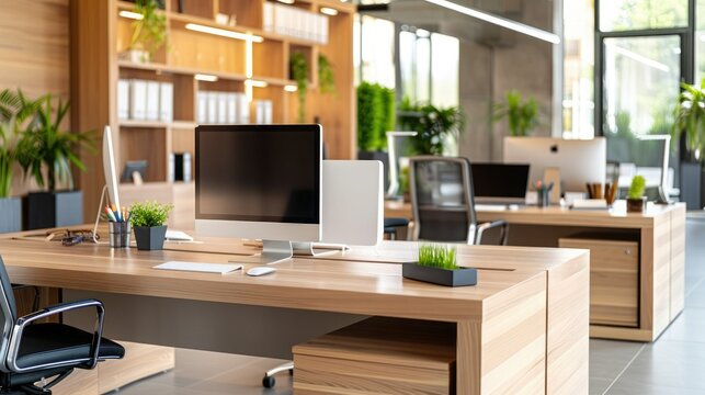 Modern open office space with wooden desks, computer monitors, and green plants, creating a clean and productive work environment.