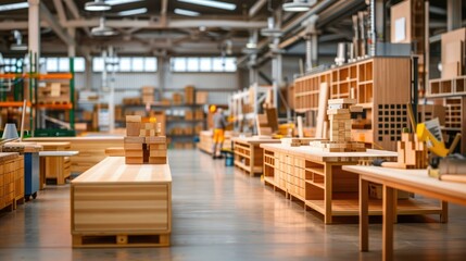 Interior of a modern woodworking factory with various wooden furniture pieces, workbenches, and machinery in view under industrial lighting.