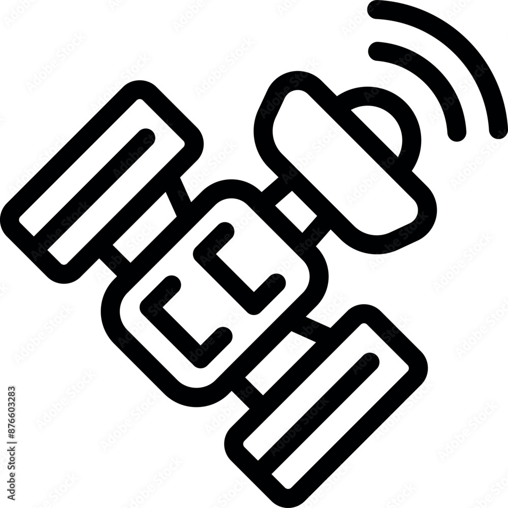 Poster simple icon of a space satellite transmitting signals while orbiting the earth