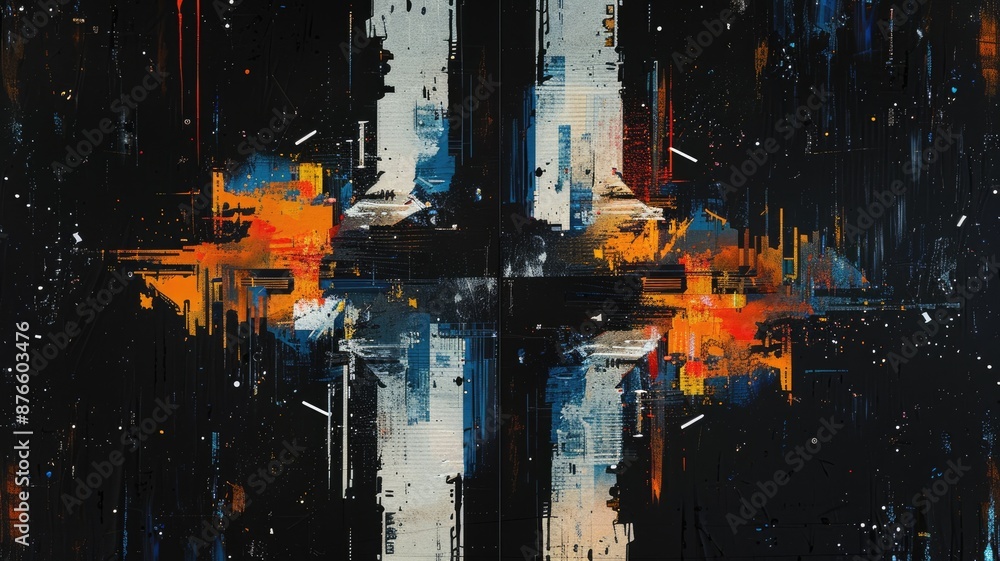 Poster abstract colorful digital painting with geometric shapes and splashes on a dark background. digital 