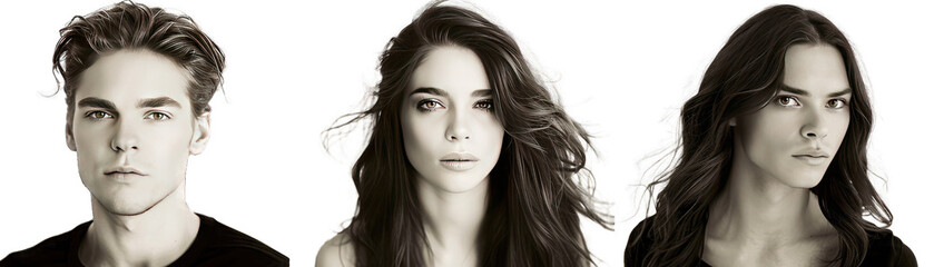 Fototapeta premium Celebrity Headshot Photographs, Portraits in Traditional Black and White, Sepia, and Color. Isolated on a Transparent Background. Cutout PNG.