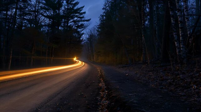The crisp night air is broken by the vibrant streams of car light trails that illuminate the path towards a popular hiking trailhead located deep in the woods.
