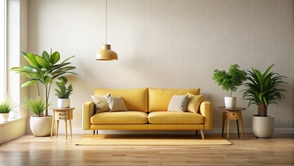 A living room featuring a yellow couch and two potted plants, couch, living, room, potted