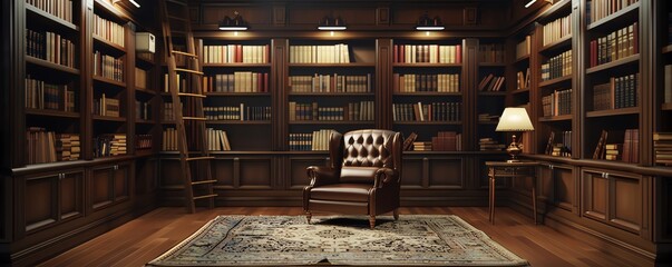 Luxurious Library with Leather Armchair.