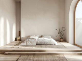Minimalist Bedroom Interior Design with Wooden Platform Bed.