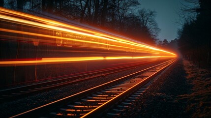 Illuminated Orange Train Speeding Through Darkness at Night - Transportation and Motion Concept.
