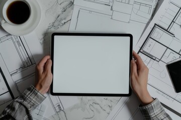 tablet with a blank screen on the table with architectural blueprints and coffee cups.