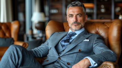 Portrait of an arrogant businessman wearing an expensive suit and sitting on a leather armchair and smiling