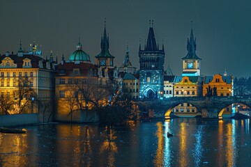 Fototapeta premium Illuminated Prague Bridge at Night