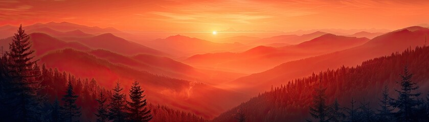 Obraz premium Breathtaking sunset over a mountain range with a vibrant orange sky and layered silhouettes of trees and hills.
