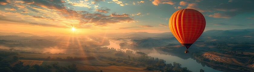 Obraz premium Breathtaking sunrise hot air balloon ride over a river valley, capturing the serene beauty of nature from above.