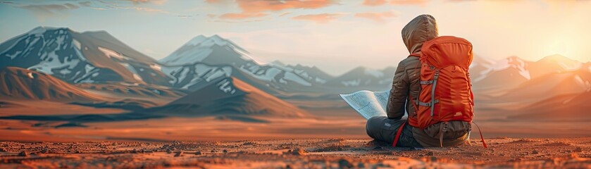 A lone traveler with a red backpack sits on a desert landscape, reading a map with mountains in the background, during a beautiful sunset.
