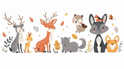 Fototapeta premium animal vector flat design side view woodland animals theme animation colored pastel