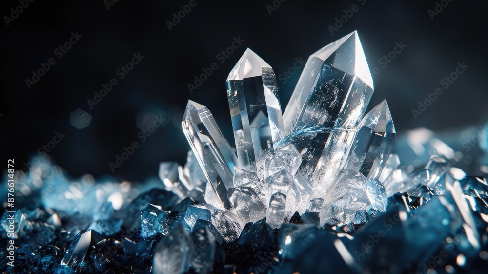 Poster clear quartz crystal cluster with sharp, reflective edges on dark background