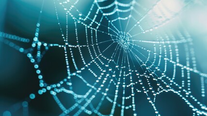 Fototapeta premium Spider web covered in small water droplets, glowing with light