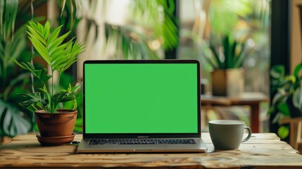 Fototapeta premium Wooden table with laptop green screen and a cup of coffee, Generative Ai.