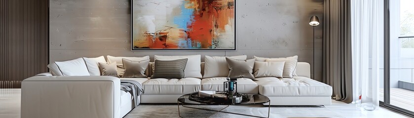 Modern Living Room Interior with White Sofa and Abstract Art.