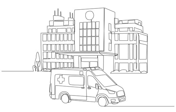 recommend clip art: Continuous one line drawing of ambulance in front of hospital building, emergency medical service concept, single line art.