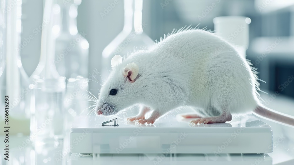Poster white lab mouse on laboratory table