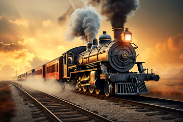 Fototapeta premium Steam locomotive with smoke in the sky. 3D illustration.